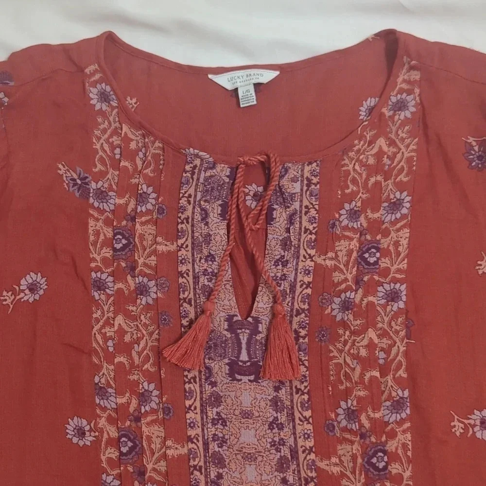 Lucky Brand Floral Peasant Top, Color Rust Size L - Picture 3 of 14